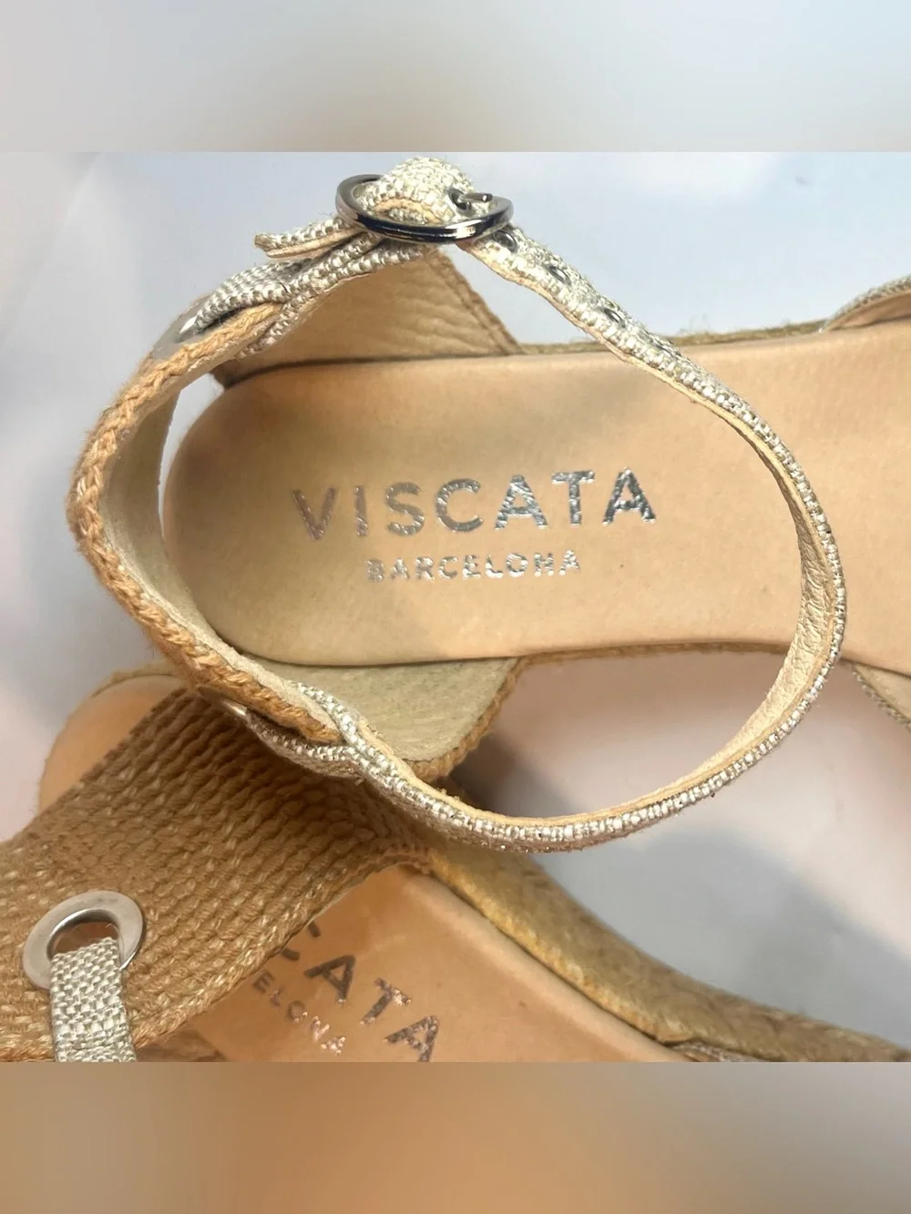 Viscata Pubol Canvas Espadrille Wedge Sandals 40 9 Leather Metallic Ankle Strap